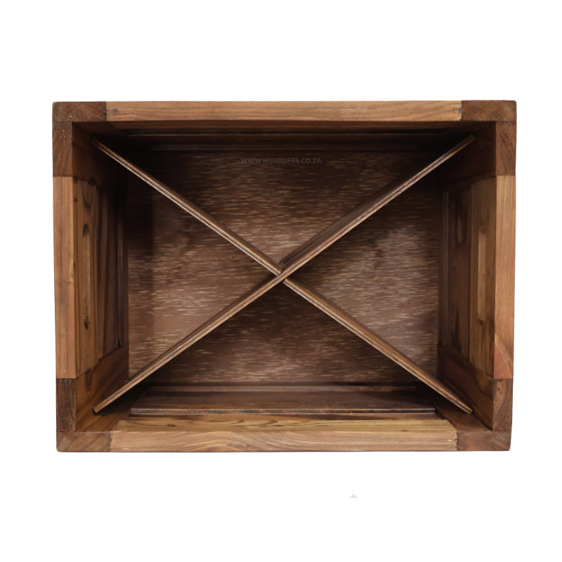12 bottle wooden crate with handles and a triangle division on a white background