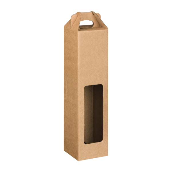 Brown cardboard bottle box with a window on a white background