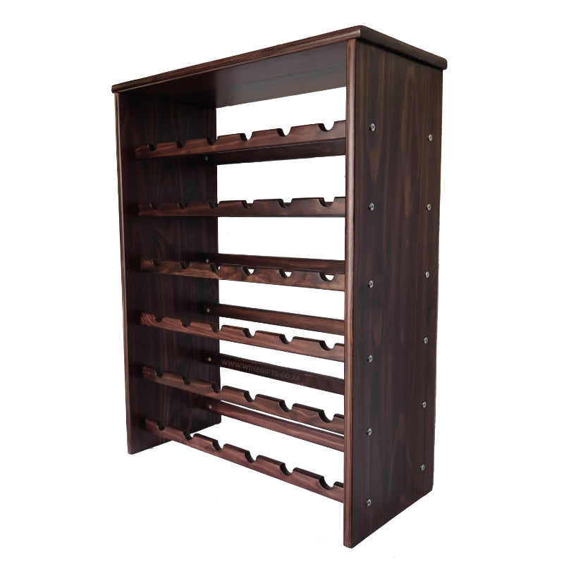 Wooden wine rack with multiple shelves on a white background