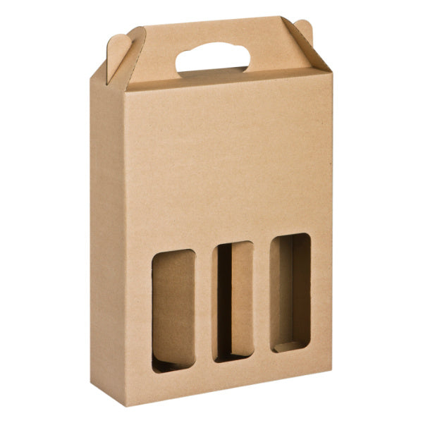 Brown cardboard bottle carrier with windowed sides on a white background