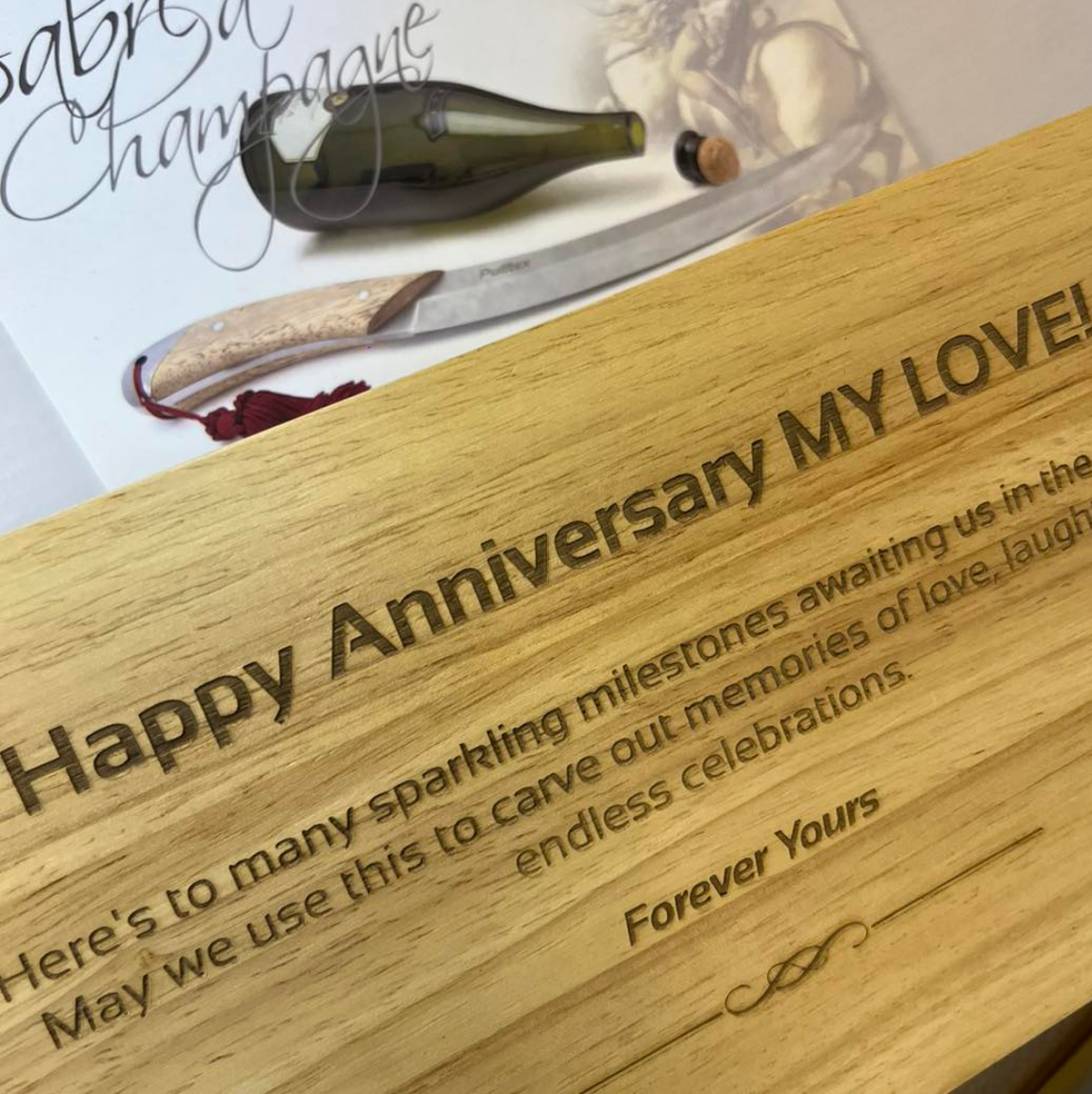 Example of a laser engraved box that the champagne sabre is packaged in.