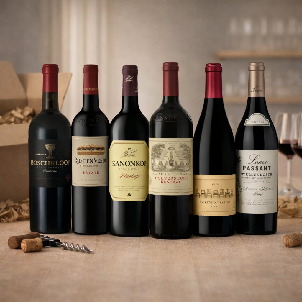Collection of wine bottles from different brands on a wooden surface.