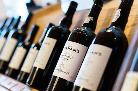 Port wine bottles lined up next to each other