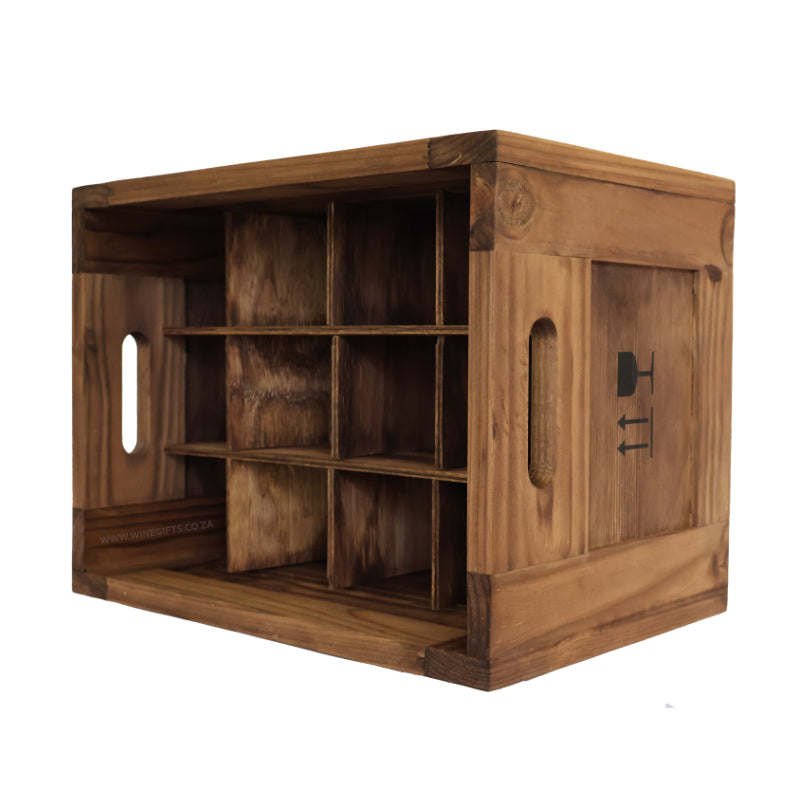 12 bottle wooden crate with handles and individual bottle dividers on a white background