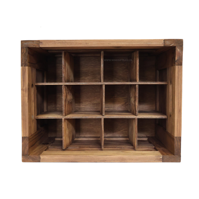 12 bottle wooden crate with handles and individual bottle dividers on a white background