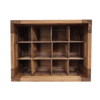 12 bottle wooden crate with handles and individual bottle dividers on a white background