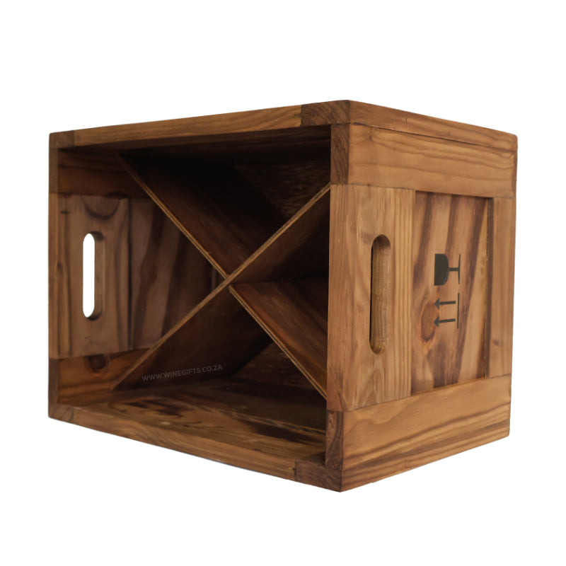 12 bottle wooden crate with handles and a triangle division on a white background