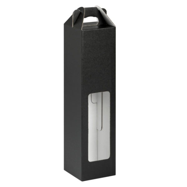 Black cardboard bottle box with a window on a white background