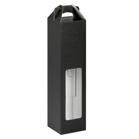 Black cardboard bottle box with a window on a white background
