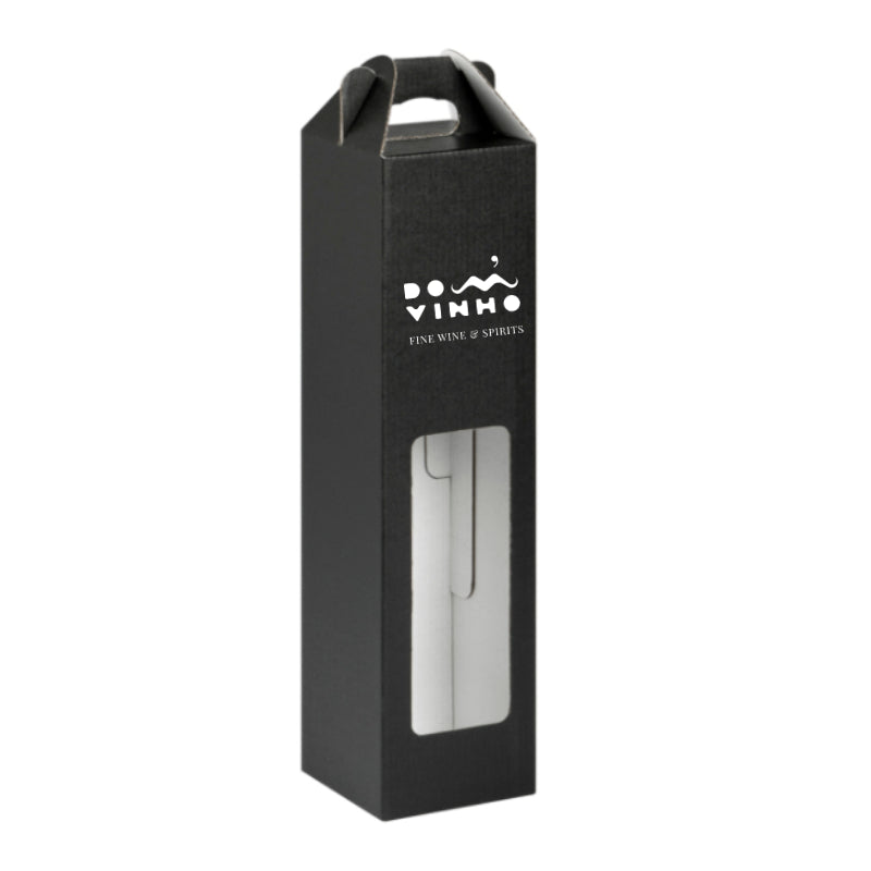 Black wine box with 'Dom Vinho' branding on a white background
