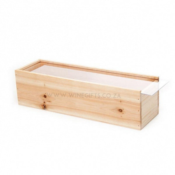 Wooden box with a clear perspex acrylic lid on a white background