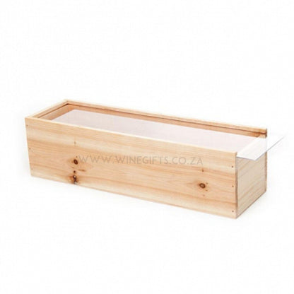 Wooden box with a clear perspex acrylic lid on a white background