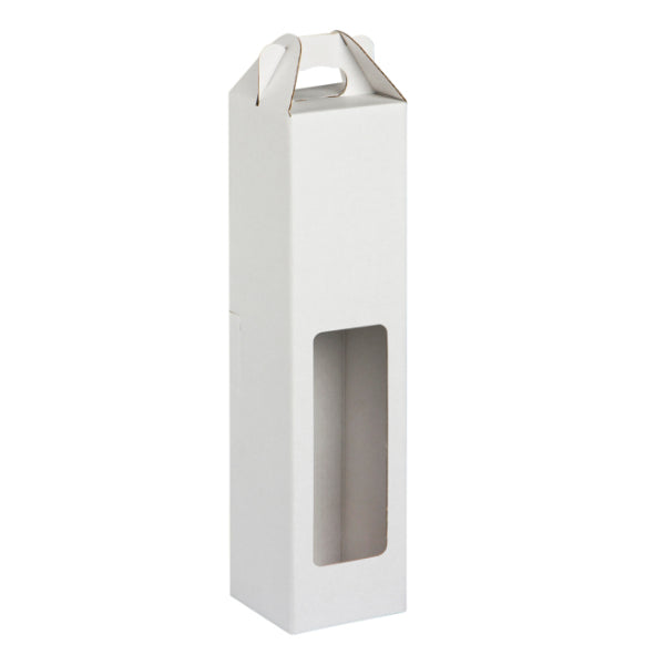 White cardboard bottle box with a window on a white background