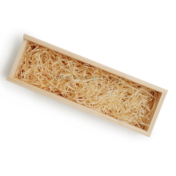 Wooden box with straw-like material on a white background