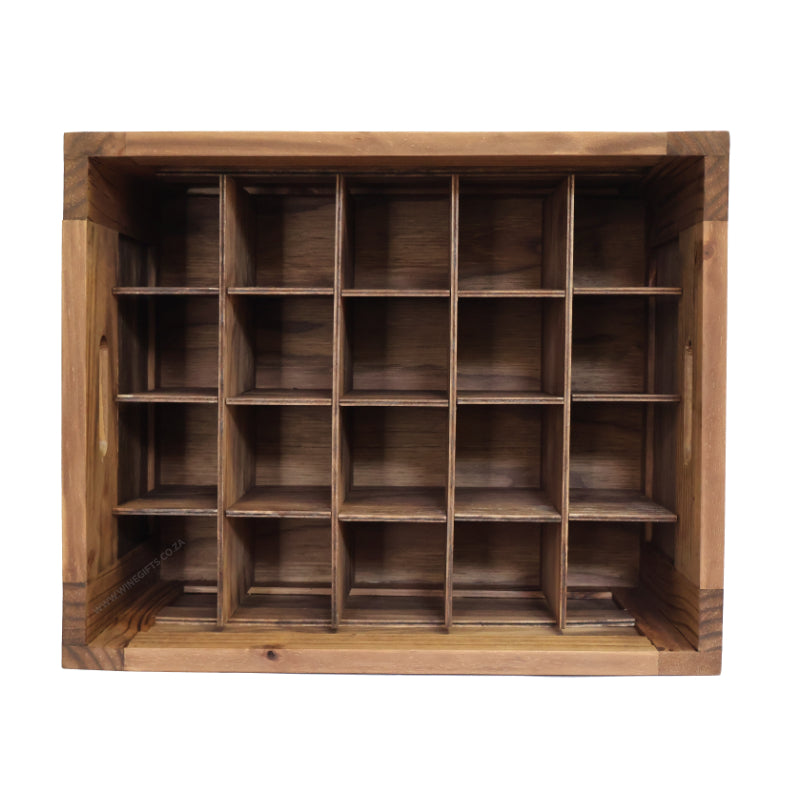 20 bottle wooden wine crate with individual compartments for bottles.