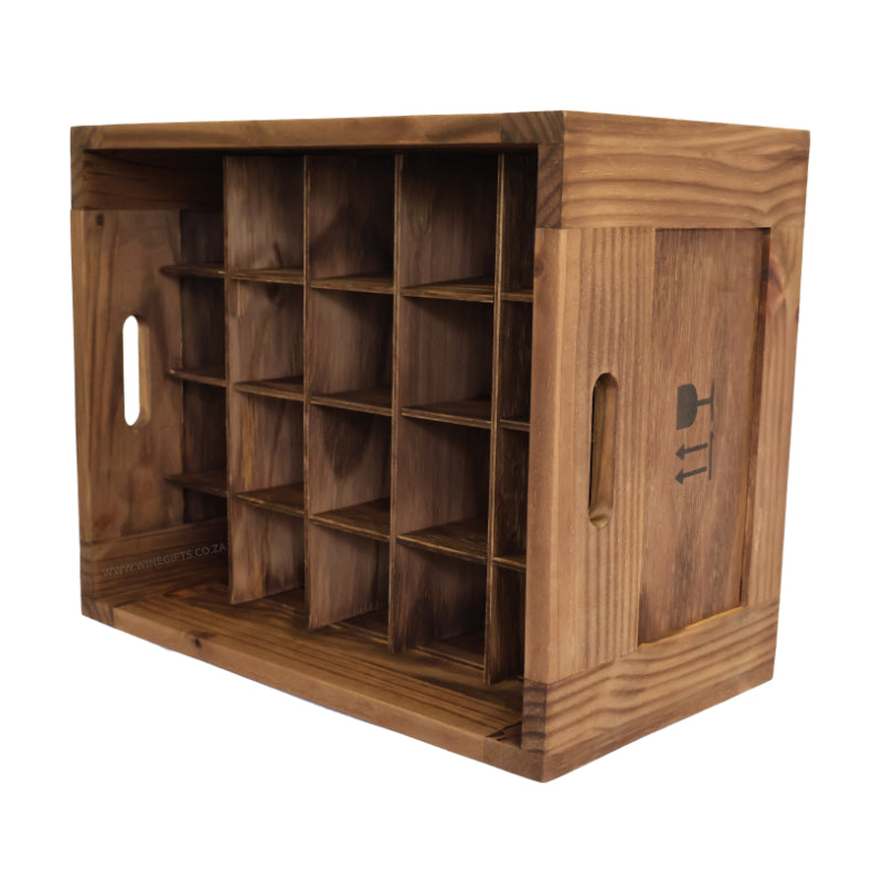 20 bottle wooden wine crate with individual compartments for bottles.