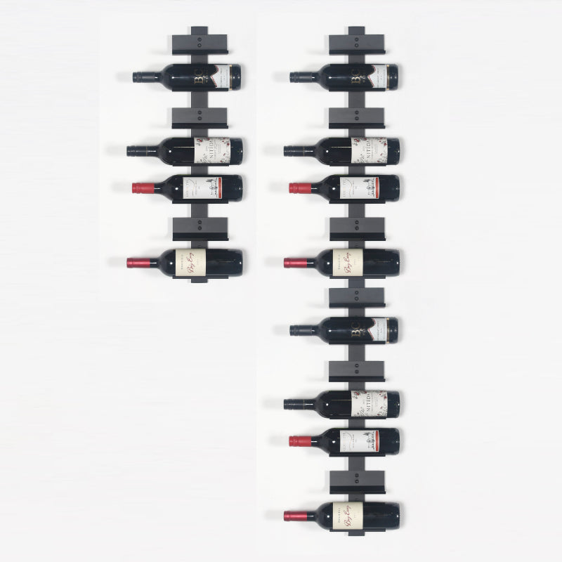 Wall-mounted wine rack holding multiple bottles on a white background