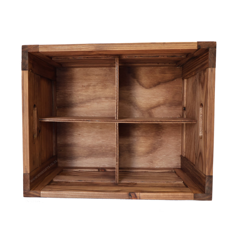 24 bottle wooden wine crate with square compartments inside to hold 6 bottles each.