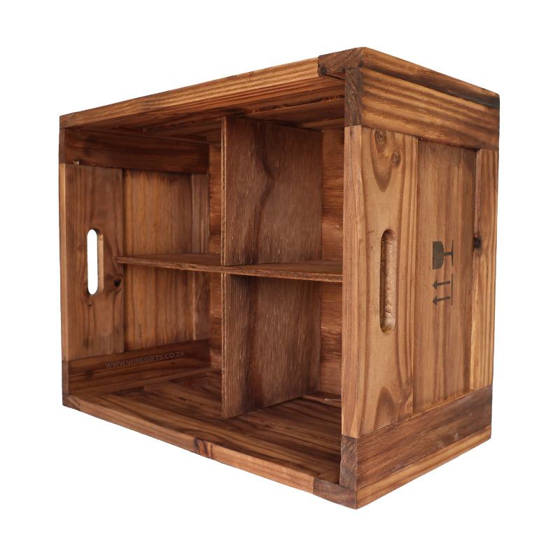 24 bottle wooden wine crate with square compartments inside to hold 6 bottles each.