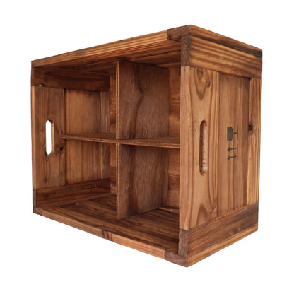 24 bottle wooden wine crate with square compartments inside to hold 6 bottles each.