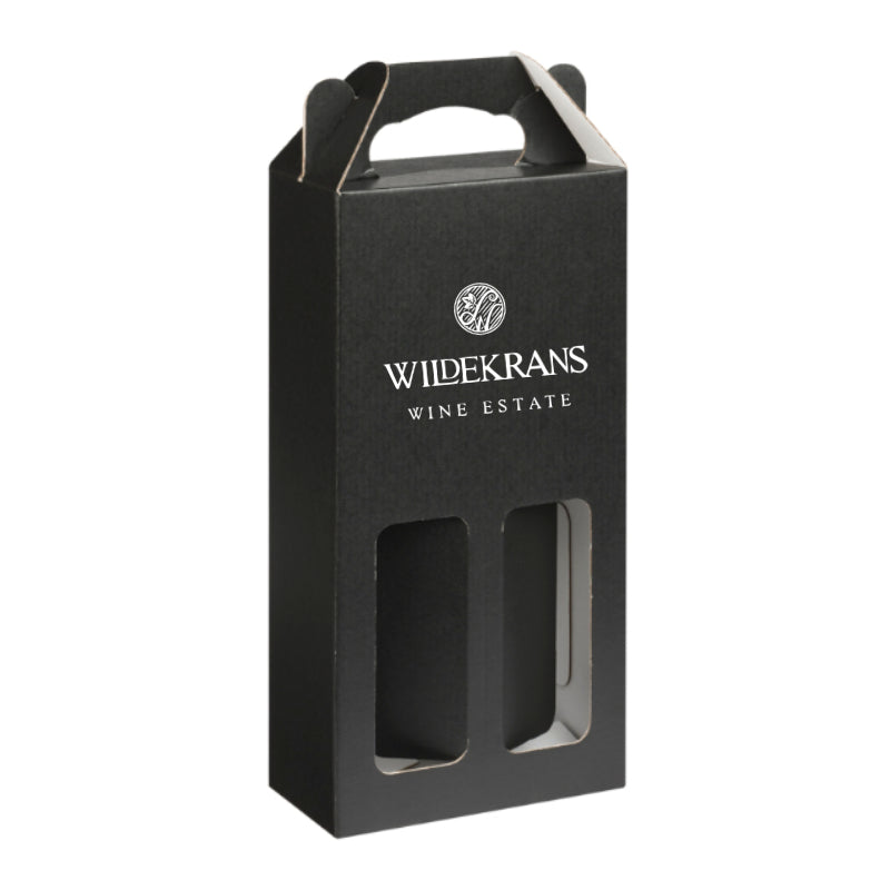 Black wine box with 'Wildekrans Wine Estate' branding on a white background