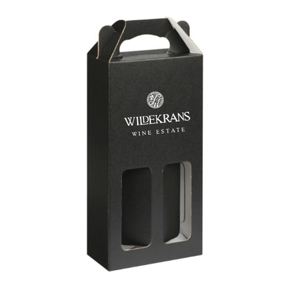 Black wine box with 'Wildekrans Wine Estate' branding on a white background