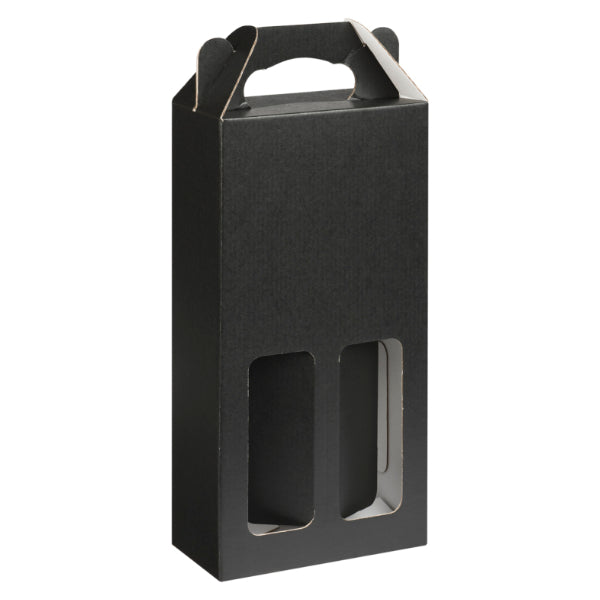 Black cardboard two bottle packaging with window on a white background