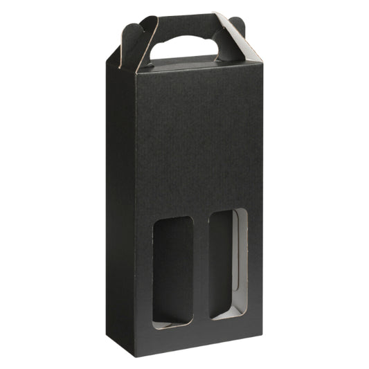 Black cardboard two bottle packaging with window on a white background