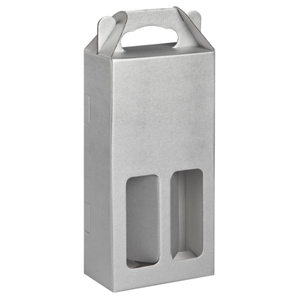 Silver cardboard wine bottle box with window on a white background
