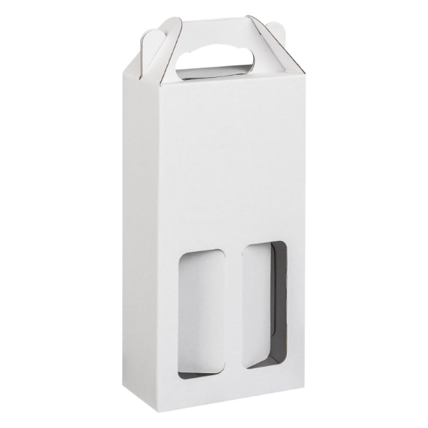 White cardboard bottle packaging with window on a white background