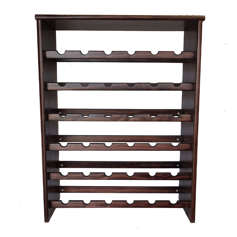 Wooden wine rack with multiple shelves on a white background