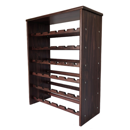 Wooden wine rack with multiple shelves on a white background
