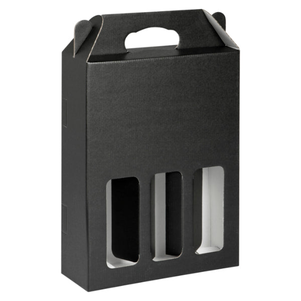 Black cardboard wine bottle packaging box with cutouts for three bottles on a white background