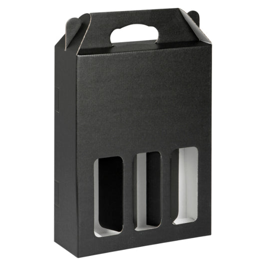 Black cardboard wine bottle packaging box with cutouts for three bottles on a white background