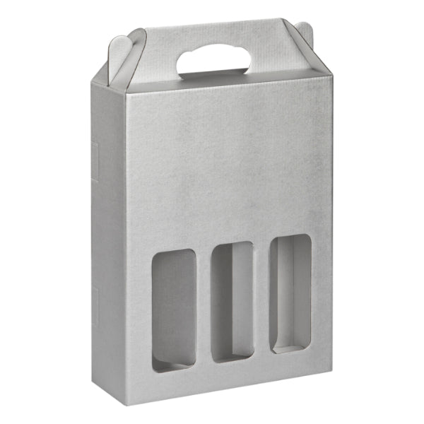 Silver cardboard box with cutouts for bottles on a white background