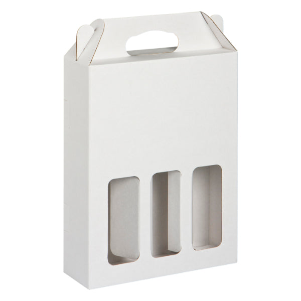 White cardboard wine packaging box with windowed sides on a white background