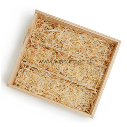 Wooden box with straw interior on a white background
