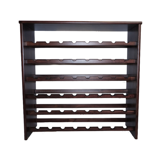 Wooden wine rack with multiple shelves on a white background