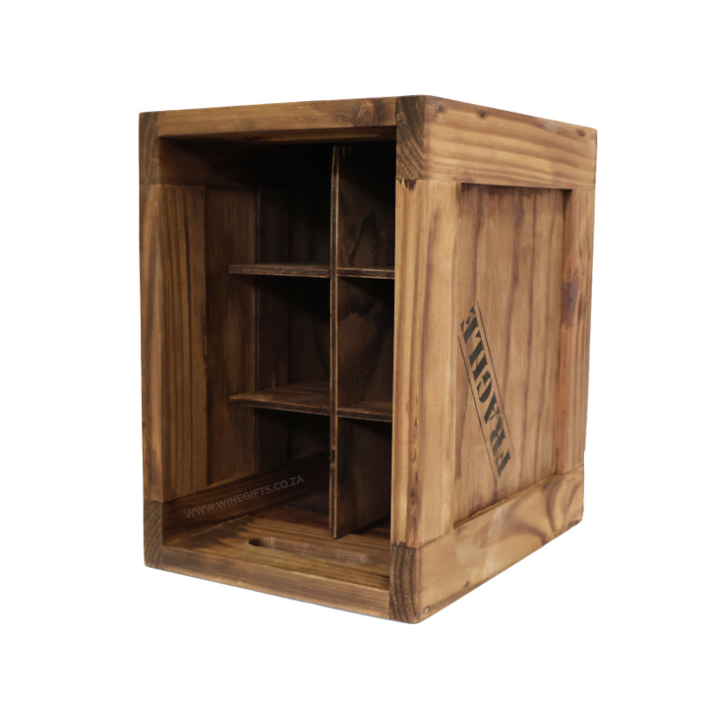 6 bottle wooden crate with handles and individual bottle dividers on a white background