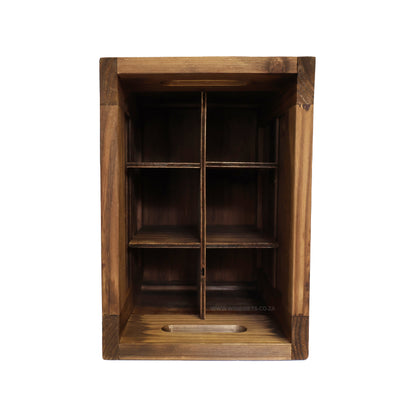 6 bottle wooden crate with handles and individual bottle dividers on a white background