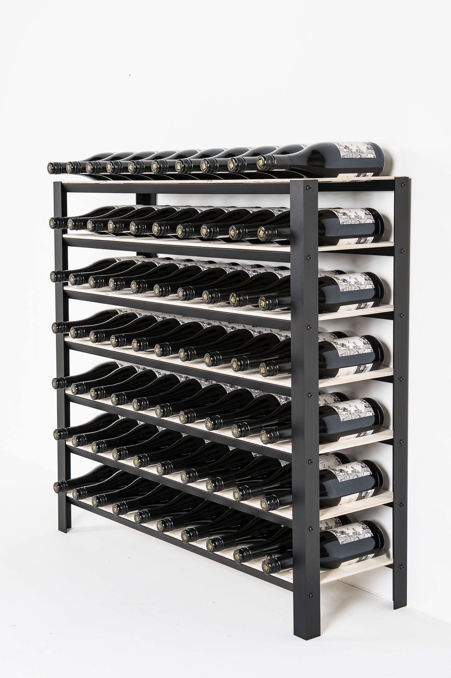 Classic 70 bottle wine rack with multiple bottles of wine on a white background
