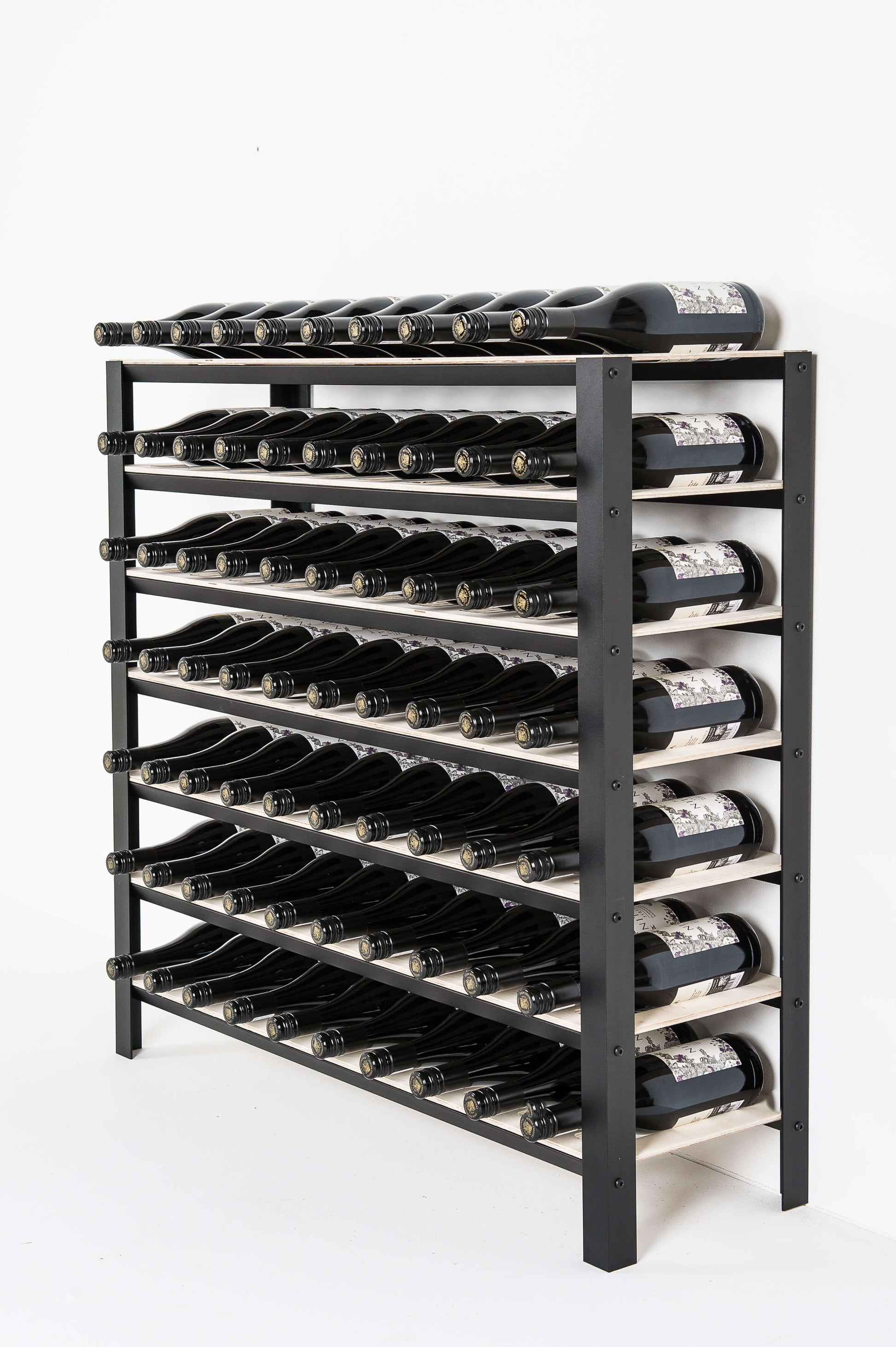 Classic 70 bottle wine rack with multiple bottles of wine on a white background