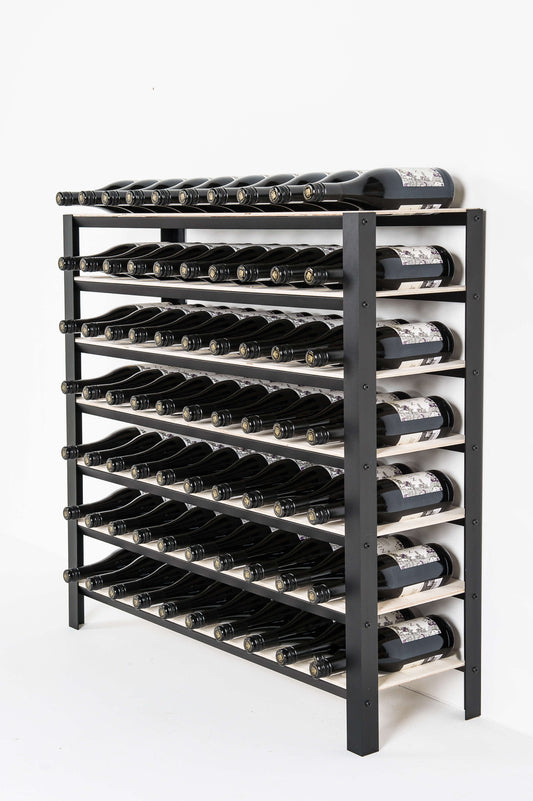 Classic 70 bottle wine rack with multiple bottles of wine on a white background