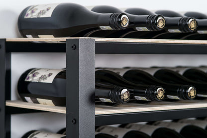 Close up image of the classic wine rack with black aluminium frame and raw birch shelves.