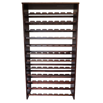 Wooden wine rack with multiple shelves on a white background