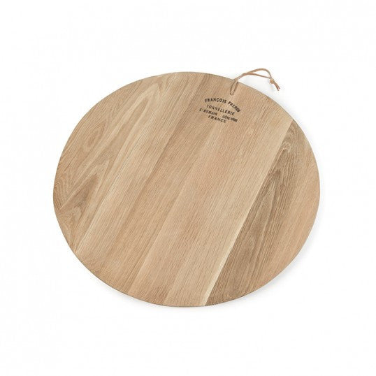 Round wooden cutting board with a brand name on a white background