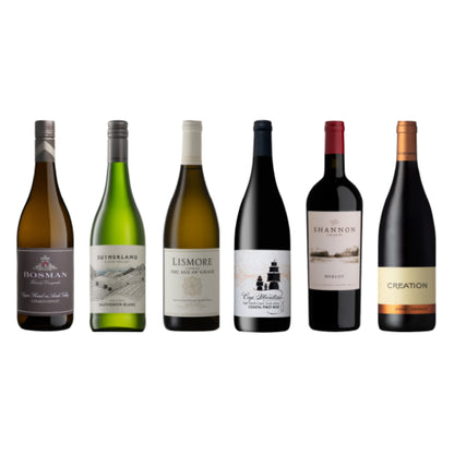 Six bottles of wine with labels on a white background