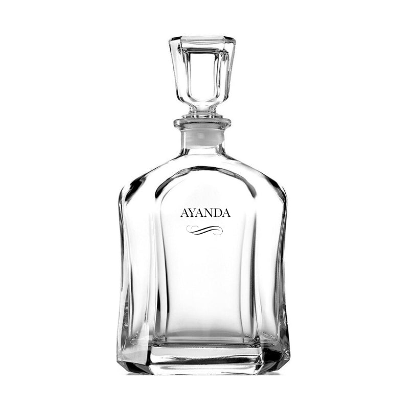 Clear glass decanter with custom laser engraving.