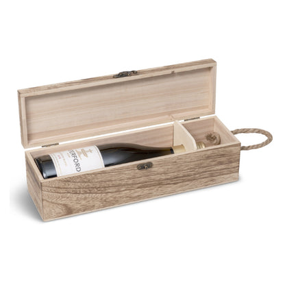 Wooden wine box with a bottle of wine on a white background