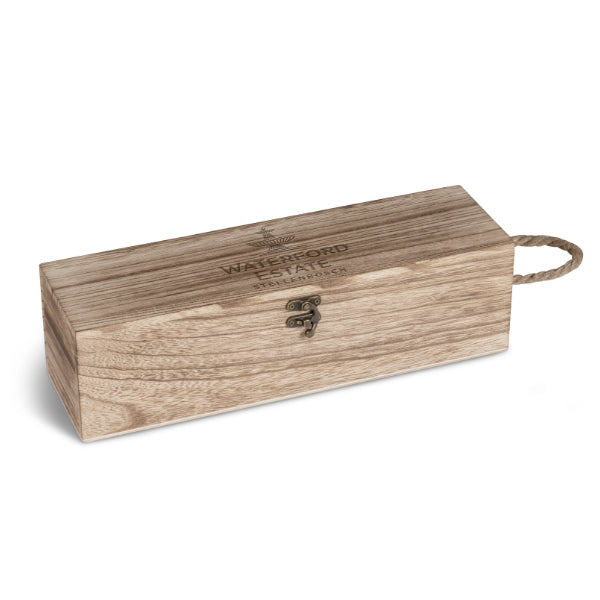 Wooden wine gift box with 'Waterford' branding on a white background